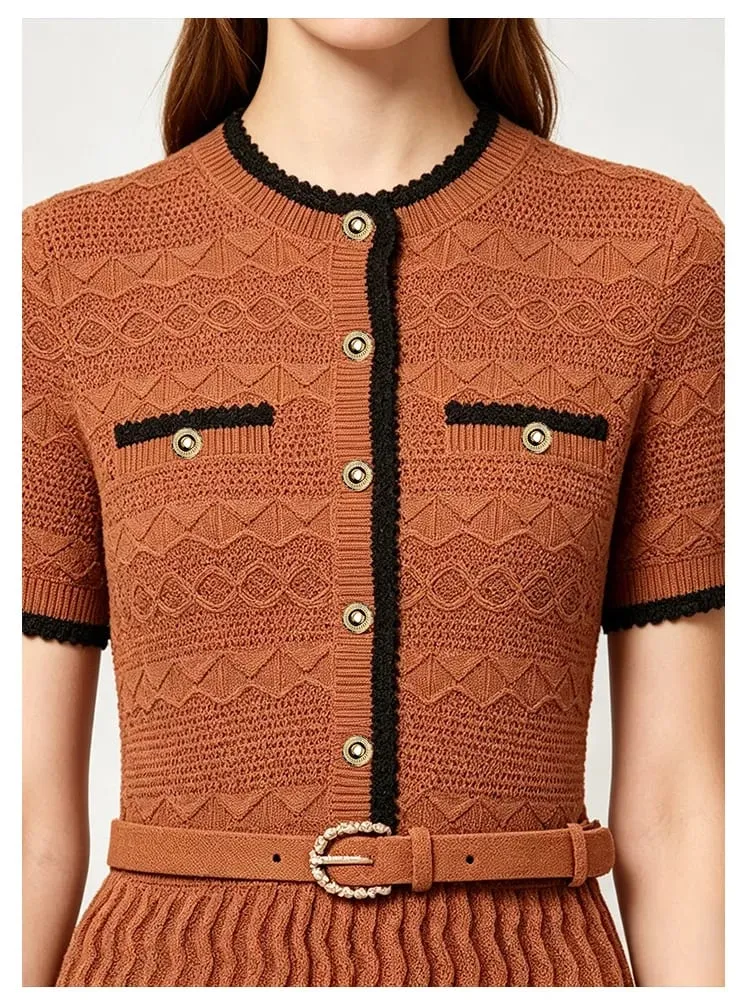 Summer New 2026 Fashion Women's Knitted Dress Sweaters Elegant Short Sleeve Mid Calf Casual Holiday Dresses Female Vestido