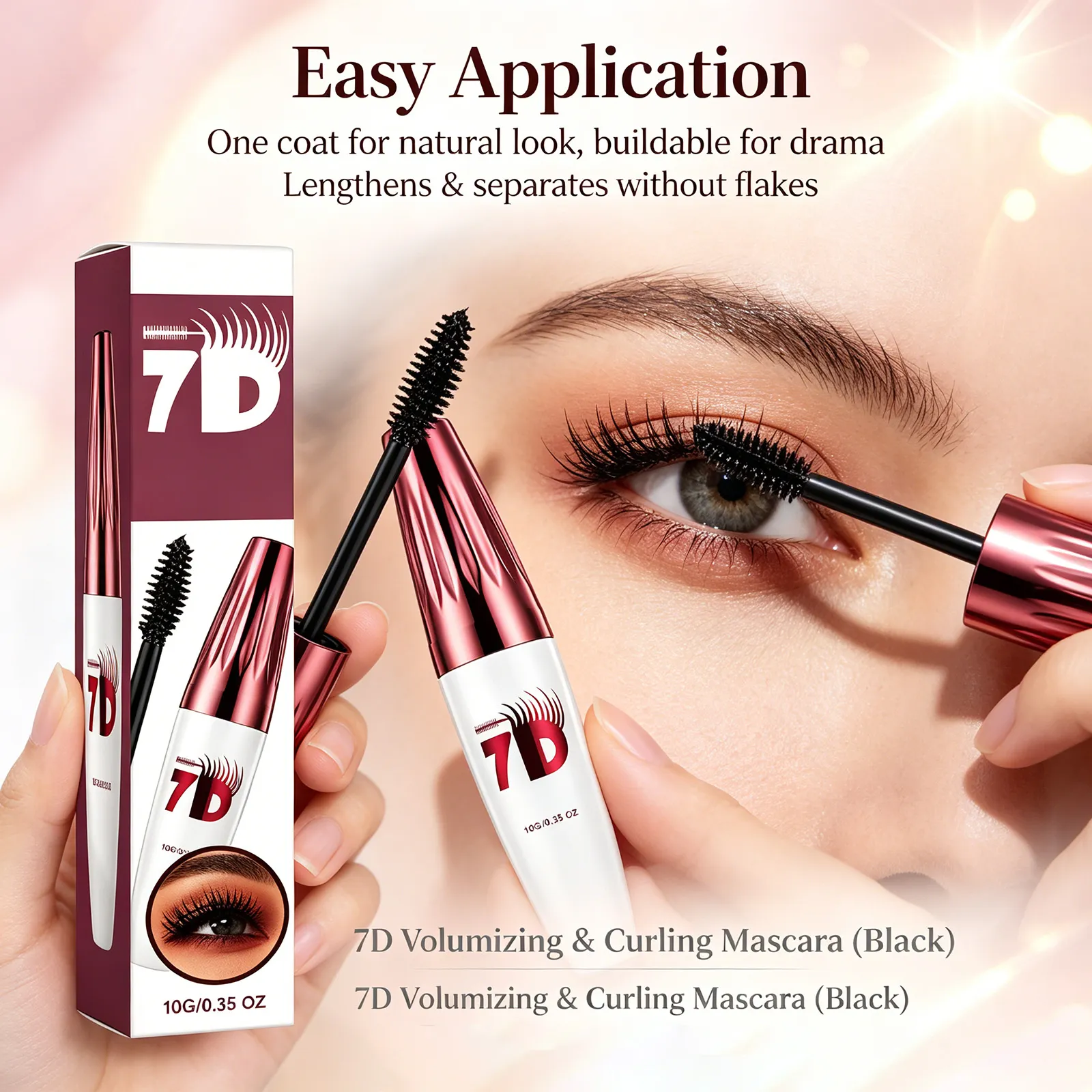 7D Volumizing & Curling Black Mascara – Smudge-Proof Natural Lash Lift & Curl Flake-Free Non-Clumping Waterproof Eye Makeup