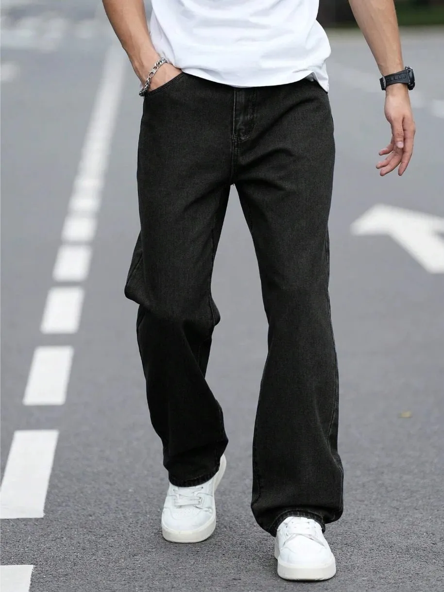 Men's Durable Black Relaxed-Fit Jeans Mid-Waist Comfort Street Style Essential Urban Pants