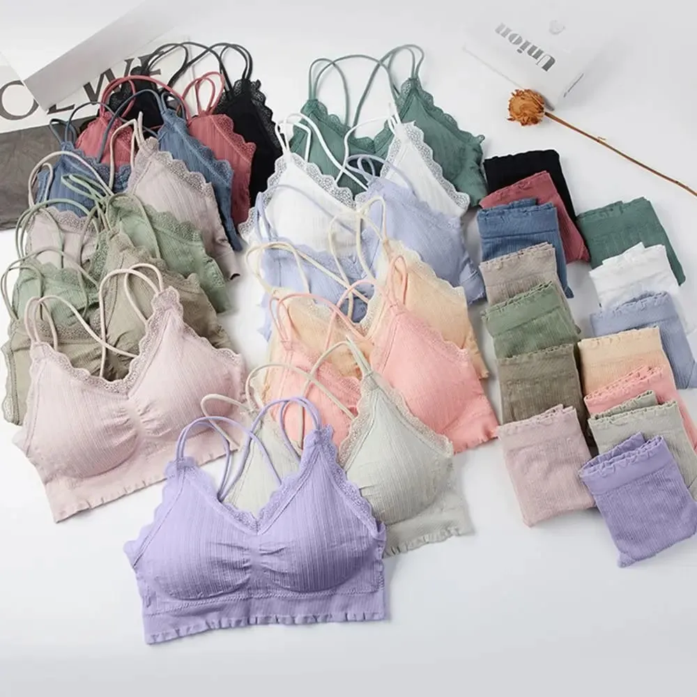 1 ชุดลำลองลูกไม้ผู้หญิงไม่มีรอยต่อ Bra ชุด V คอ Bra Pads ชุดชั้นในชุดสบาย Breathable ชุดชั้นในชุด