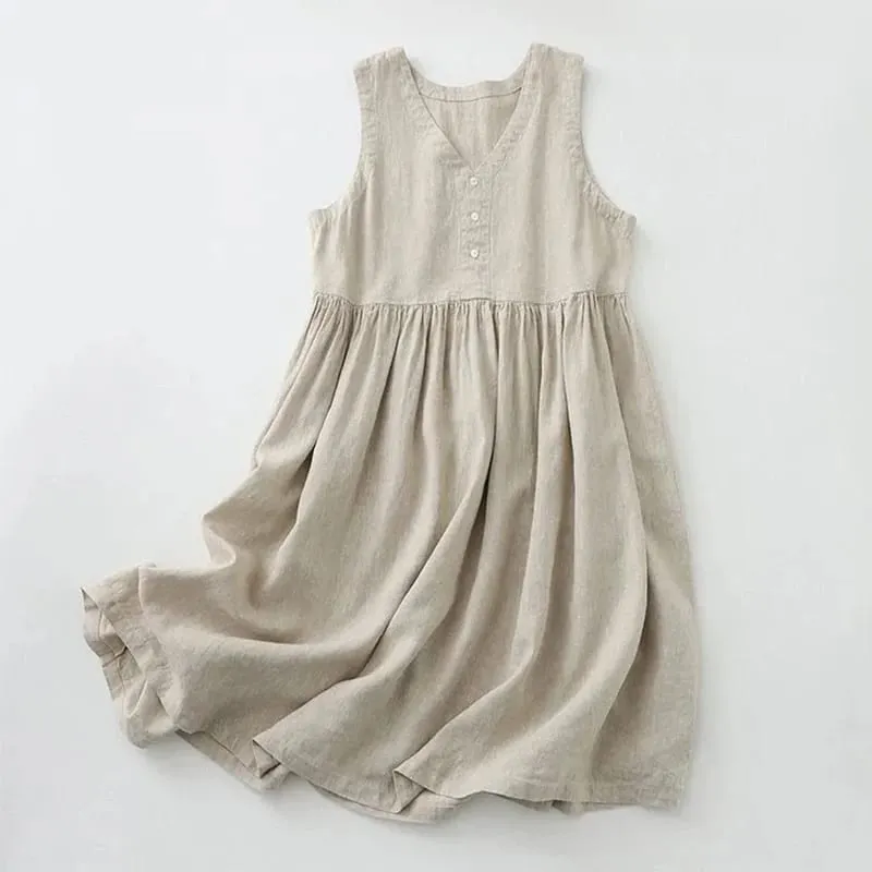 Women's V-Neck Sleeveless Cotton Linen Dress Casual Loose Japanese-style Dress Solid Color for Ladies 2026 Summer Spring Dresses