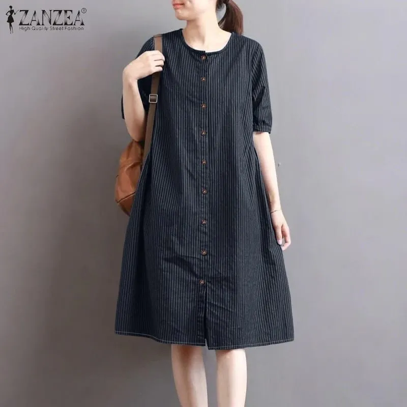 2026 Summer Striped Dress ZANZEA Women Elegant Work Dresses Short Sleeve Buttons Down Sundress Casual Holiday Knee Length Robe