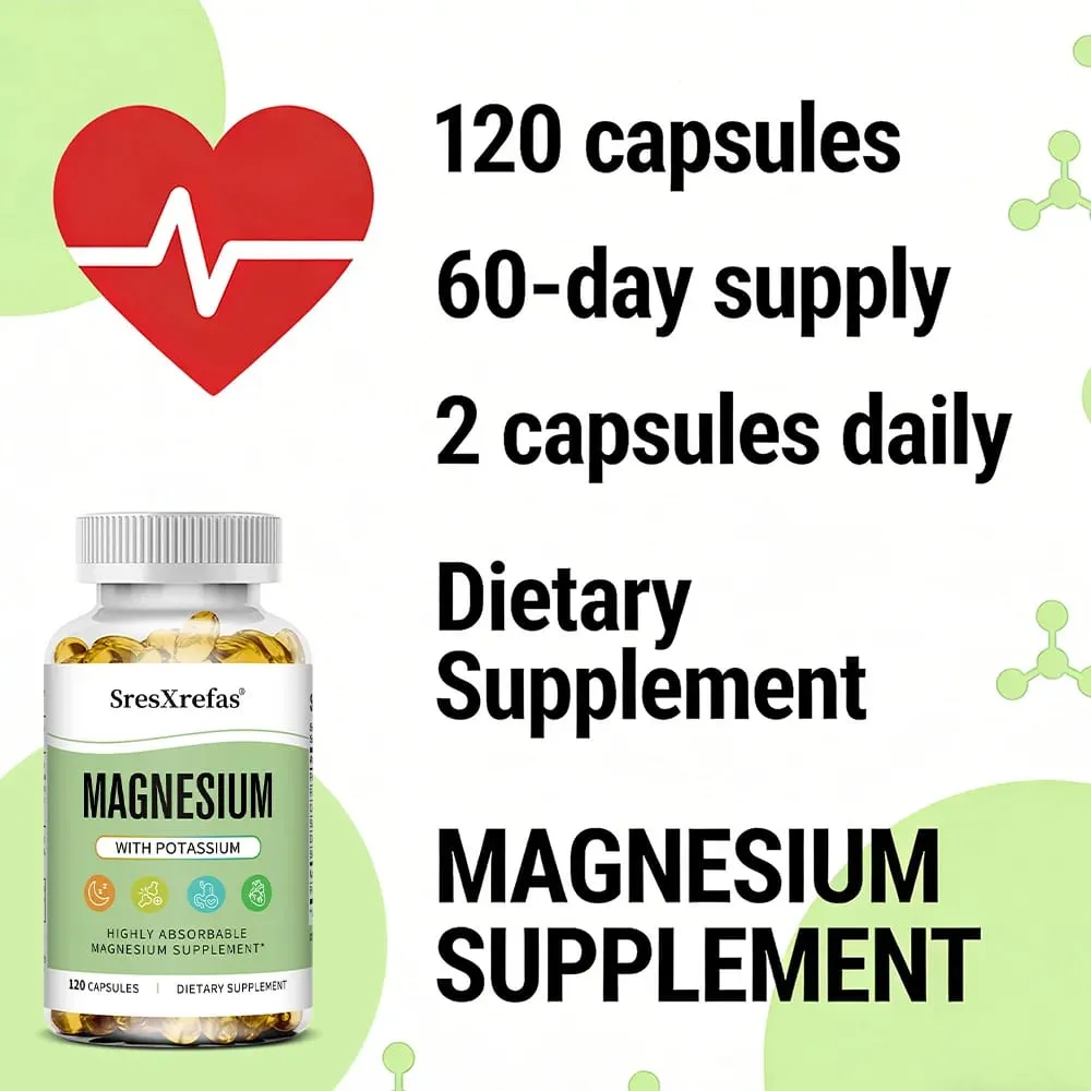 Magnesium-Kalium-Kapseln für eine schöne Schlafqualität, reduzieren Müdigkeit, Kopfschmerzen, Herz-Kreislauf-Herz- und Immungesundheit