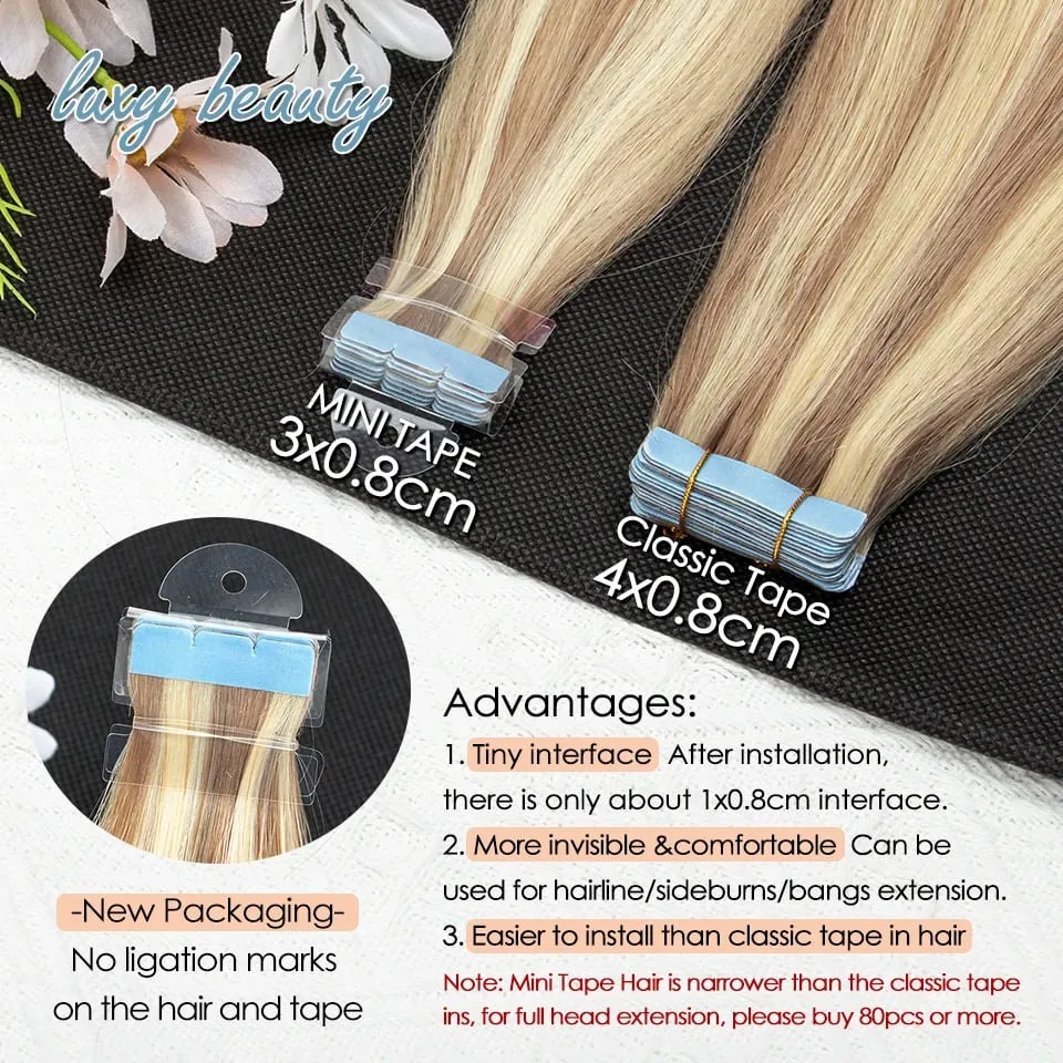 Blonde Mini-Tape-in-Haarverlängerungen, Echthaar, natürlich, glatt, schwarz, braun, doppelseitig, nahtlos, PU-Hautschuss-Tape-Ins, 10 Stück — image 3