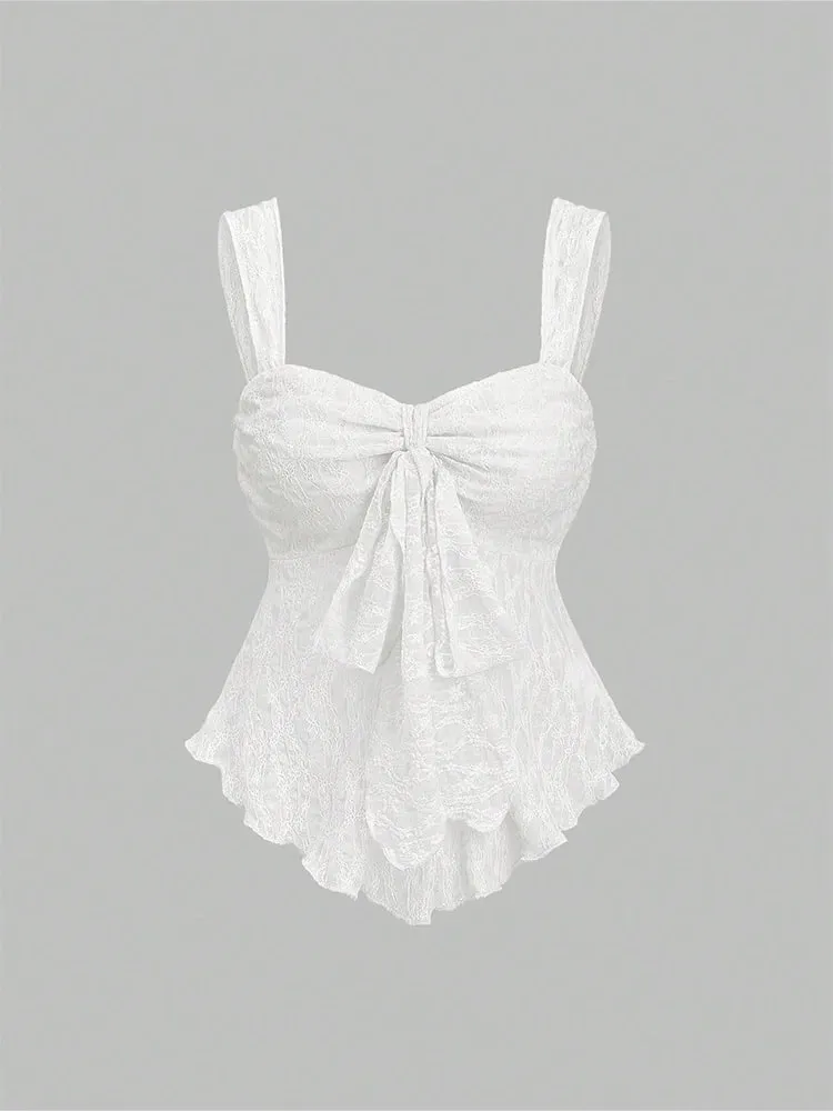 2026 Summer Women Y2K Coquette Floral Lace Knotted Bow Slim Fit Irregular Ruffled Hem Sweetheart Neck Wide Strap Cami Tank Top