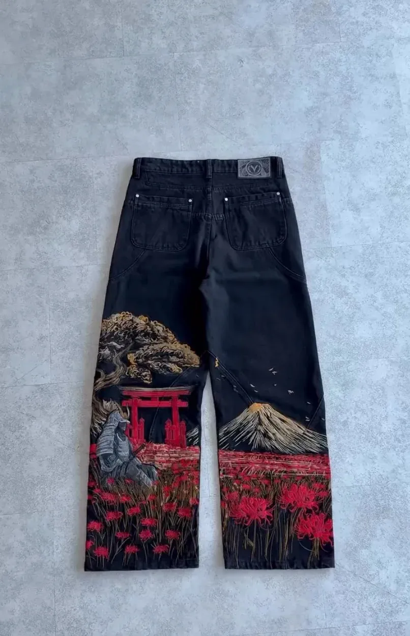 Samurai Embroidery Men Jeans Y2K Retro Harajuku Street Hip Hop High Waist Straight Pants Unisex Wide Leg Loose Denim Pants