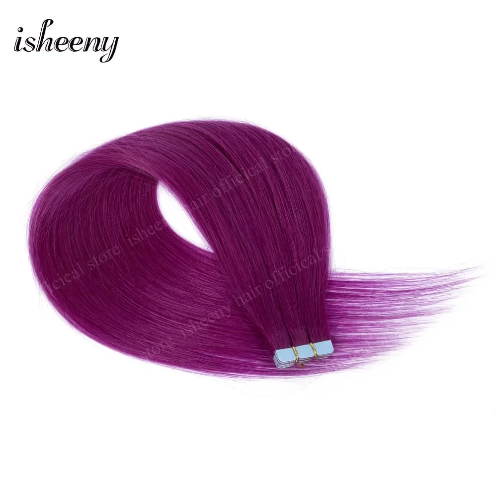 Isheeny 12' 16' 20' Tape In Hair Extensions Invisible Adhesive Tape In Hair Extension 10pcs/pack Pink Purple Blue Colorful Hair