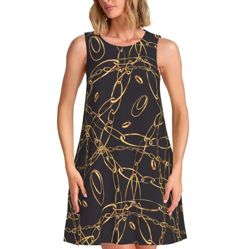 Gold Chain Casual Dress Vintage Print Korean Fashion Dresses Sleeveless Cute Dress Cheap Crew Neck Female Print Clothes