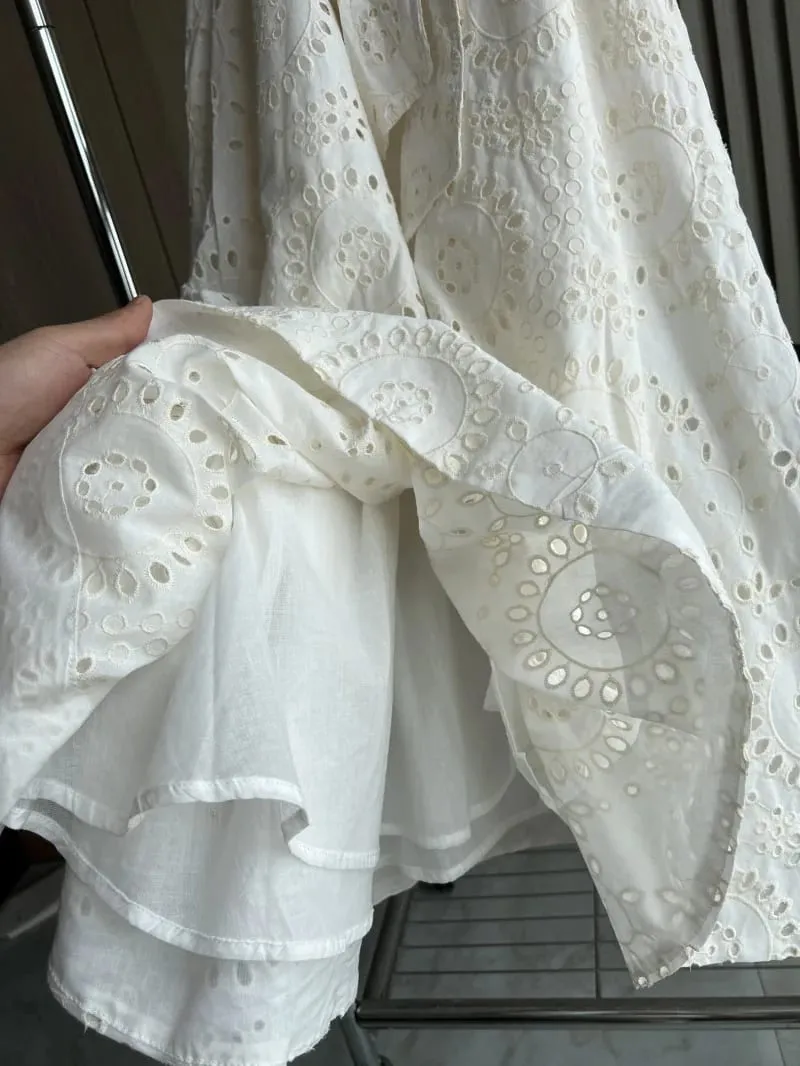 ETJ 2025 new women's elegant fashion hollow embroidery cotton shirt lapel short-sleeved dress temperament long skirt