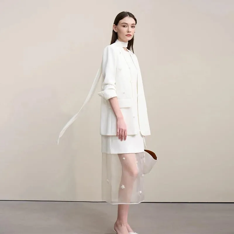 Amii Long Dresses 2026 Autumn New Round Neck Short Sleeve Patchwork Women's Dress Removable Organza Elegant Dress Women 12651024