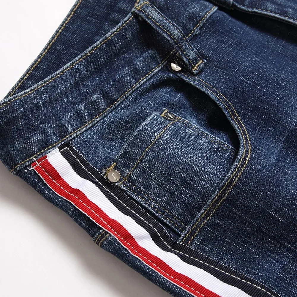 Men Side Stripe Denim Jeans Blue Stretch Washed Denim Pants Slim Straight Trousers