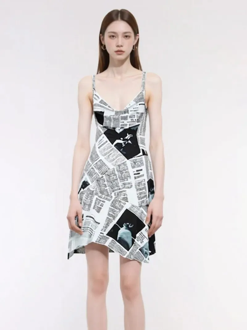 New Women Newspaper Letter Print Irregular Hem Sling Dresses Fashion Backless Thin Straps With Chain Summer Sexy Dress KJH2