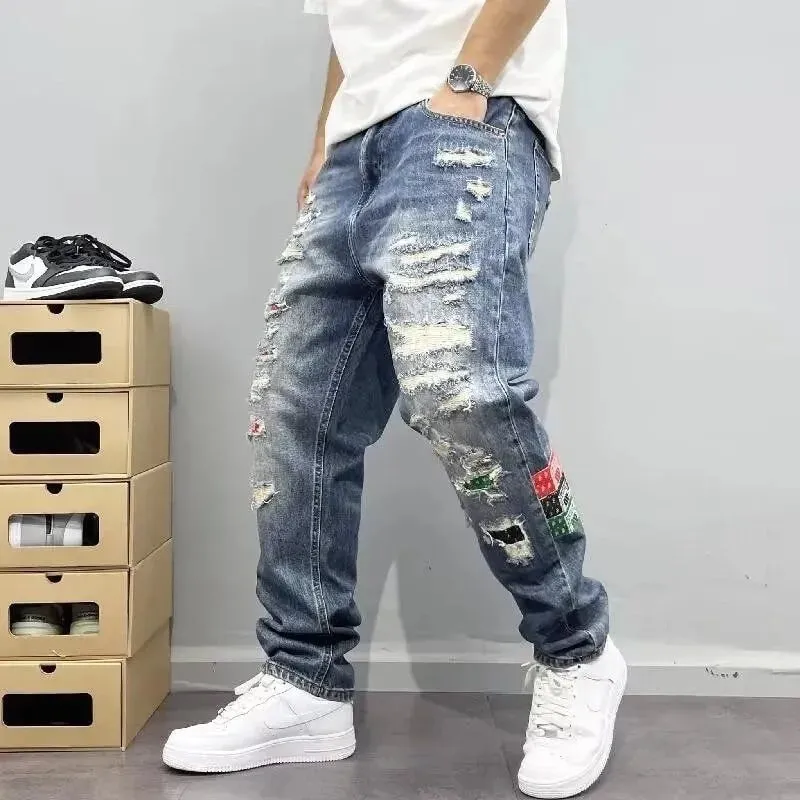 Jeans elasticizzati a gamba dritta strappati di nuova tendenza della moda primaverile e autunnale per jeans sportivi di fascia alta allentati casual retrò da uomo 28-36