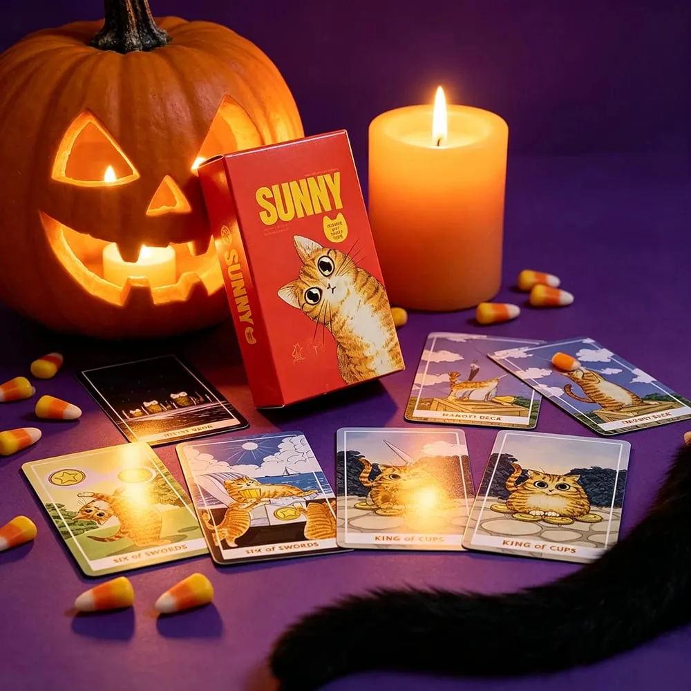 Sunny Cat Tarot Cards Fortune‑Telling Cards Game Spiritual Guidance Divination Cards Cute Witchcraft Gift for Women & Cat Lovers