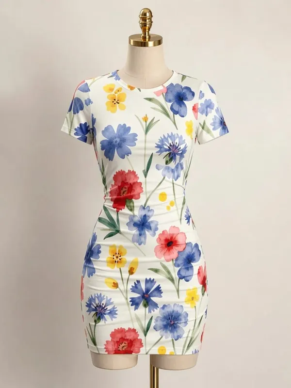 Kortærmet Dame Bodycon Minikjole Slim Fit Rundhals Blomsterprint Afslappet sommerfest Let flatterende festsolkjole