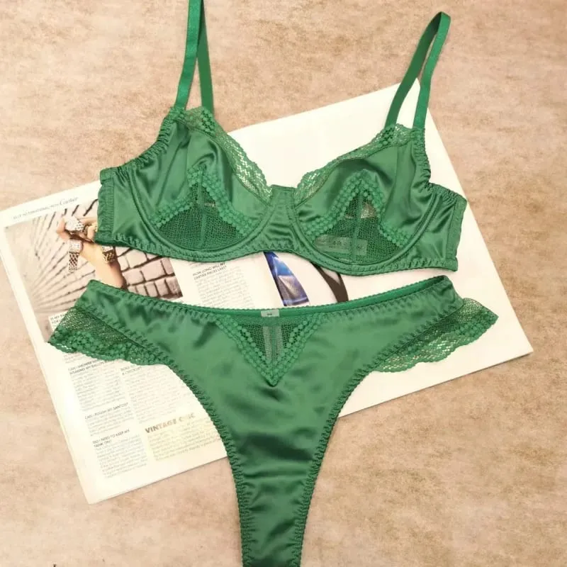 New Trendy Female Satin Lace Soft Underwire Bra Set Unpadded Ultra Thin Slimming Anti-sagging Comfort Daily Wear Underwear Set
