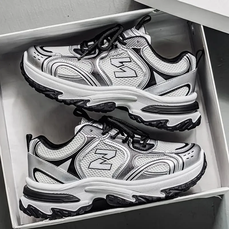 Retro Chunky Dad Sneakers för män | Metallic Silver Platform löparskor