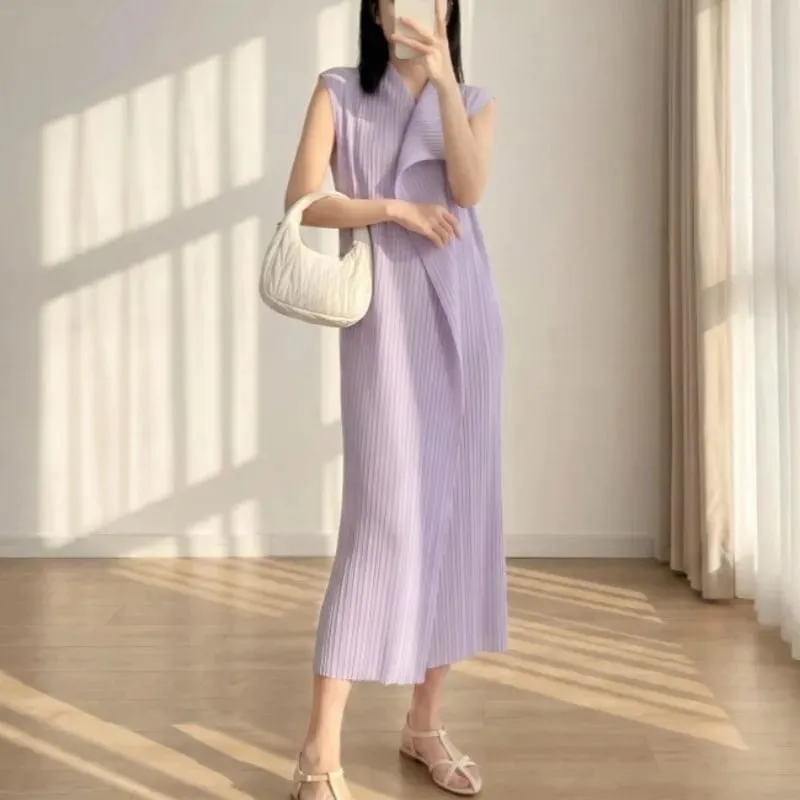 Miyake Pleated Dresses 2026 Summer New Sleeveless V-Neck Irregular Elastic Draped V-Neck Vest Elegant Women's Temperament Dress