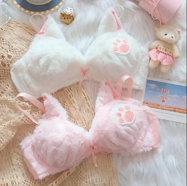 Cute Cat Paw Plush Lingerie Set for Women Warm Winter Bra & Panty with Ears Comfortable Kawaii Underwear