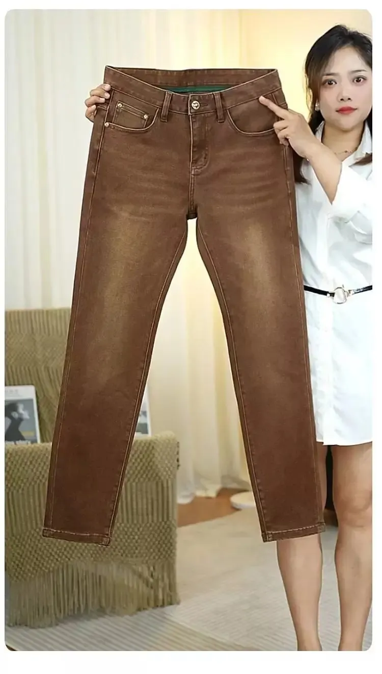 2026 New High-end High-quality Denim Brown Baggy Cotton Elastic Jeans Retro Nostalgic Men's Vintage Straight-fit Trousers