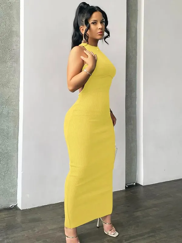 Hugcitar bordázott tömör üreges háttámla ujjatlan szexi hasított miniruha Bodycon 2025 tavaszi női ruhák elegáns buli Y2K