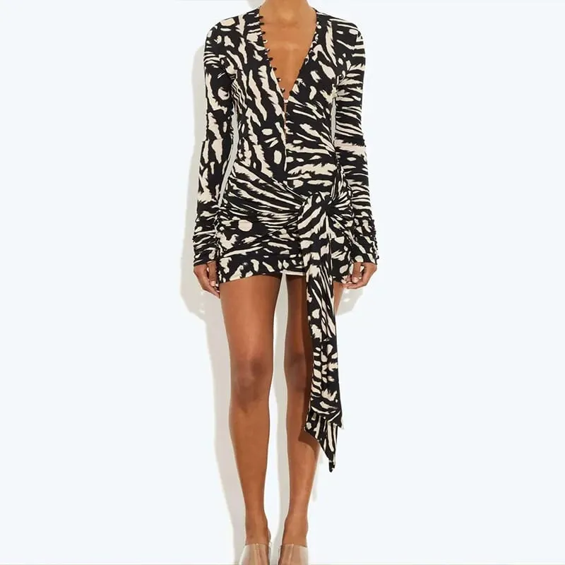 Sexy Black Print Wrap Mini Dress Women Long Sleeve Deep V Neck Button Tie Waist Trendy Bodycon Party Gown Chic Evening Clubwear