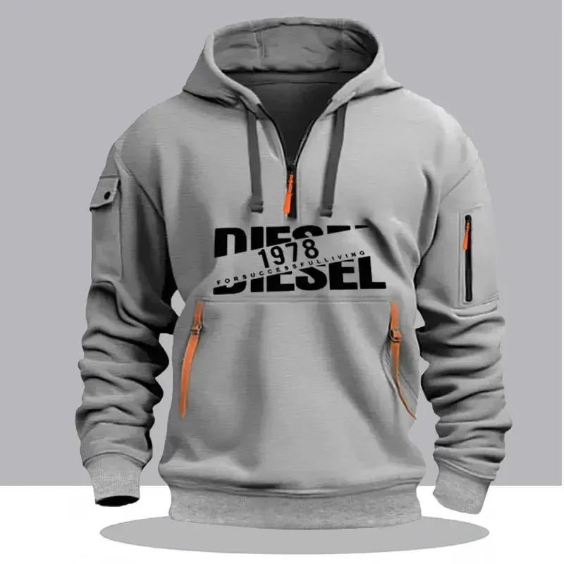Men Casual Hooded Collar Drawstring Hoodies Sweatshirts Long Sleeve Shirts Outdoor Streetwear Lightweight Zipper Design Pullover