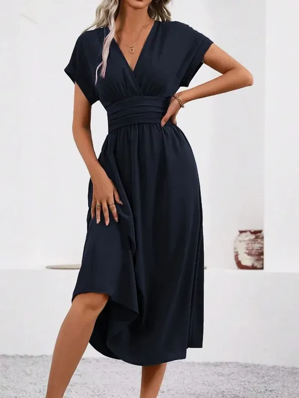 Dresses 2025 Woman Summer Solid-Color V-Neck Batwing-Sleeve Pleated Long Elegant Dress Woman Clothing Tops Skirts Y2k Clothes