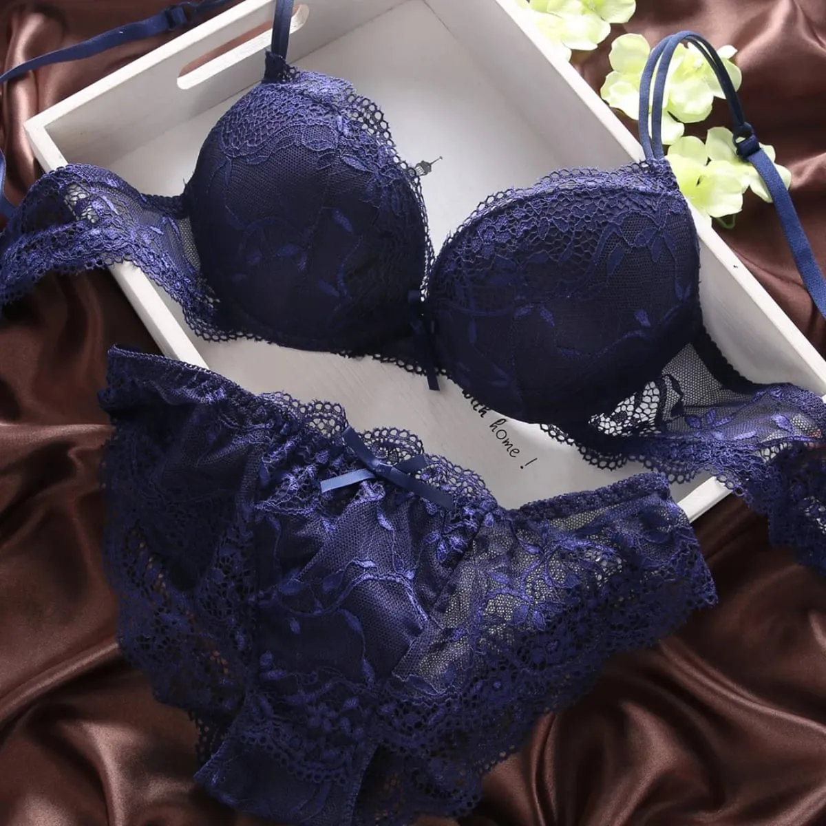 Women Lingerie Set Underwire Multi‑Color Lace Bow Design Push Up Bra Panty Set Soft Breathable Comfort Ladies Intimate Underwear