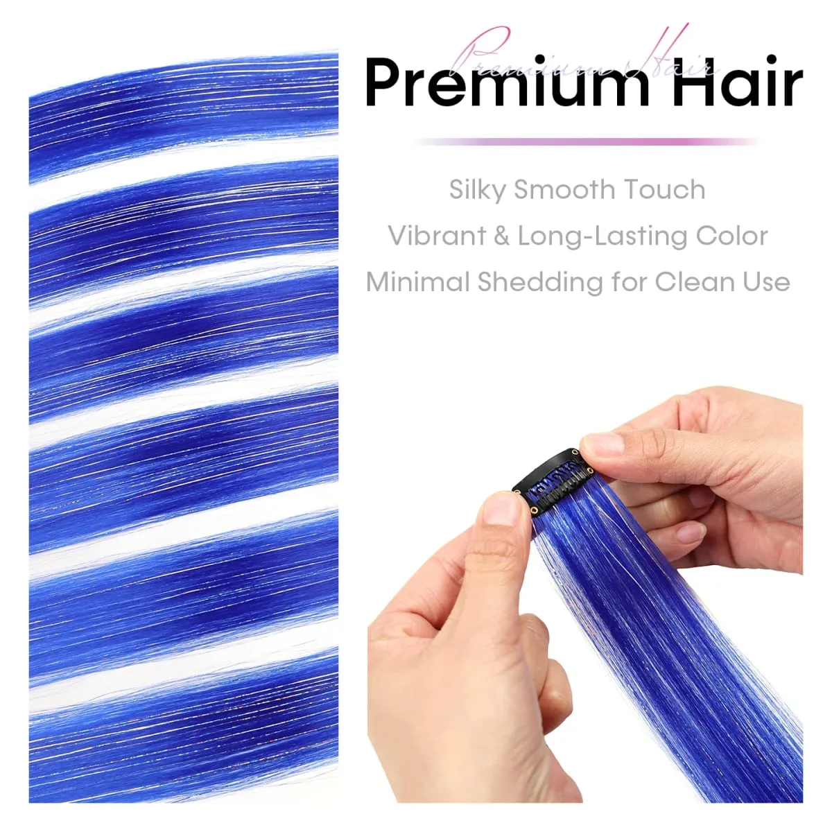 Synthetic 6pcs Clip in Hot Pink Hair Extensions Mix tinsels 22 Inch Colored Hair Extensions 2 in 1 Rainbow Hair