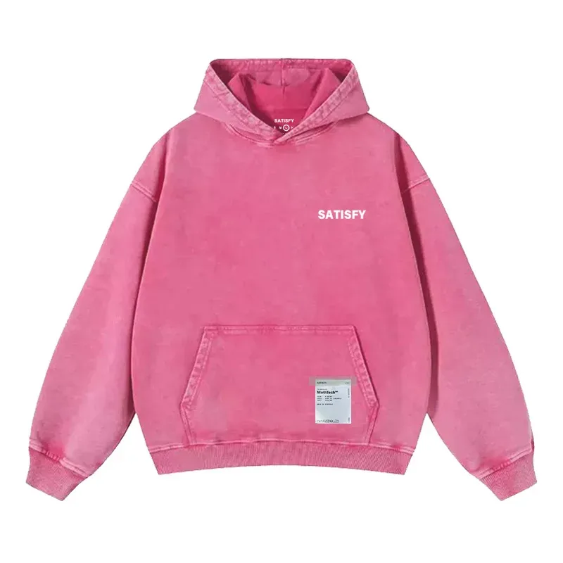 Elf-Adhesive SATISFY Flocking Print Hoodie Sweatshirt Jacket Street Style Loose Fit Long Sleeve for Young Men And Women