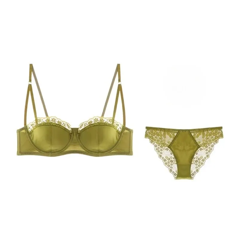 Sexy French Lace Gathered Cup Bra Set Semi Cup Design For Petite Women Lightweight Breathable Comfort Lingerie Set Sizes 32-38