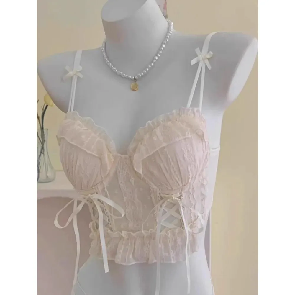Womens Japanese Style Lolita Lace Tie‑Up Wireless Bra Anti Sagging Push Up Shaping Sweet Cute Lingerie 32‑38 Bra Set — image 6