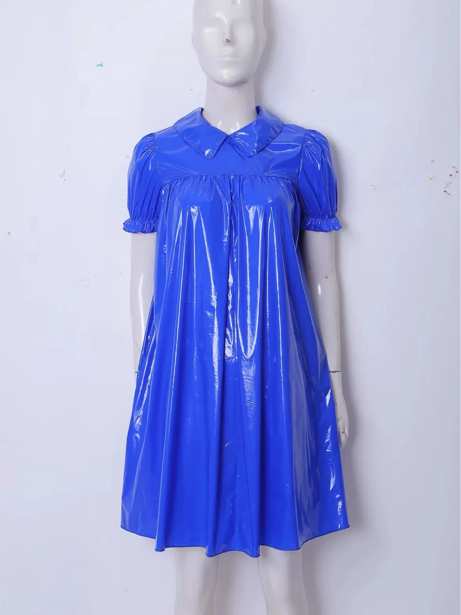 Women Waterproof Vinyl Regency Dress Victorian Party Sleep Dress Puff Short Sleeve Empire Waist Lapel Dress Nightgown Rave Party