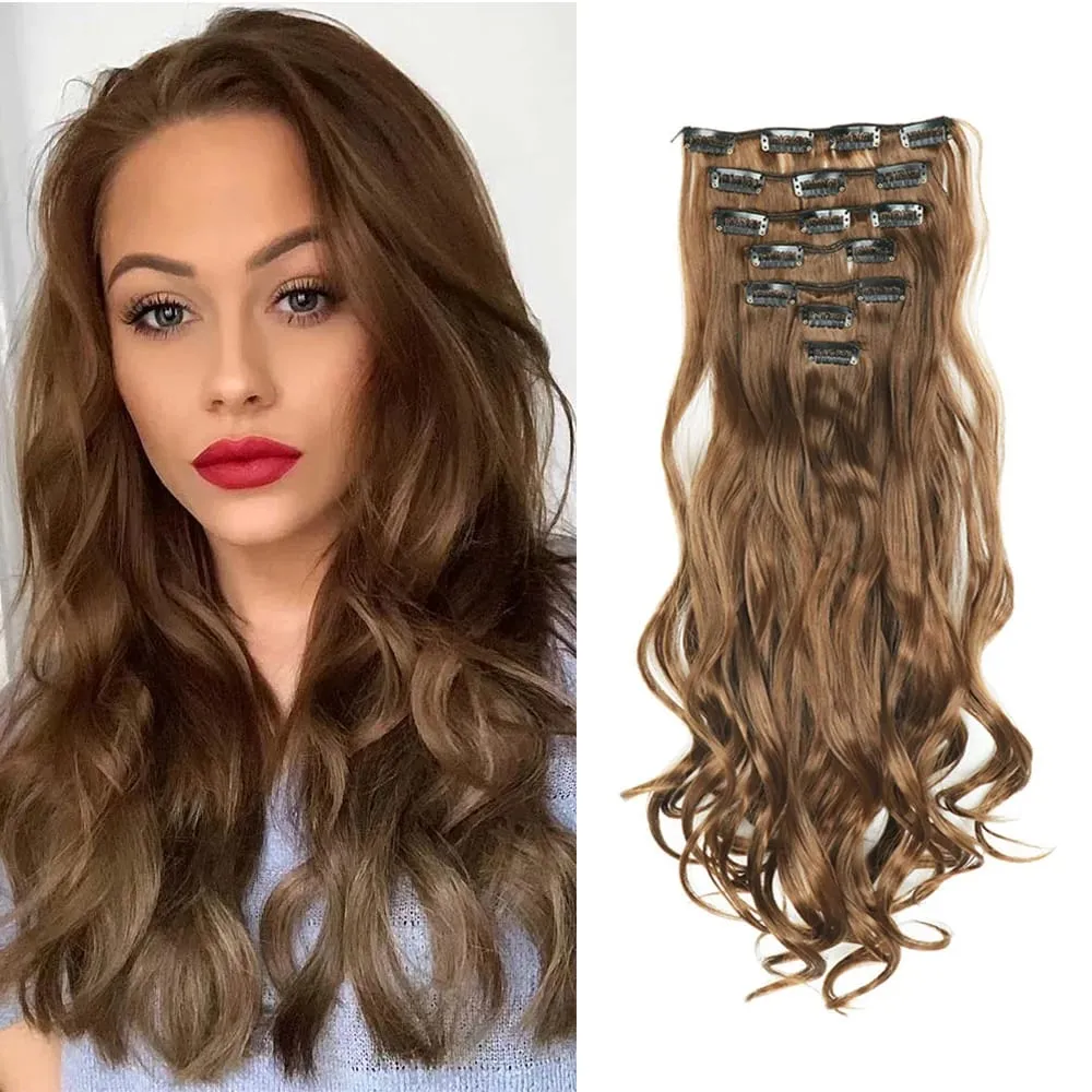 Synthetic 24Inch 16Clips Long Curly Hair Extension Heat Resistant Hair Extension Clips In Ombre Black Brown Blond Women