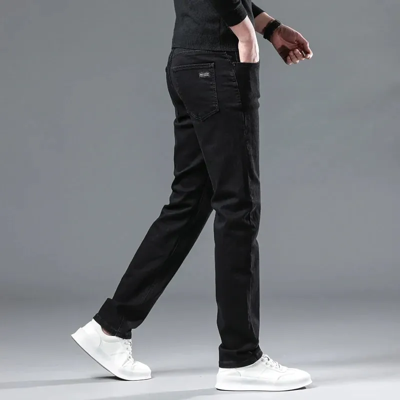 Lelaki Hitam Musim Gugur Seluar Jeans Lurus Kasual Stretch Klasik Seluar Denim Fit Biasa Seluar Denim Selesa Lelaki