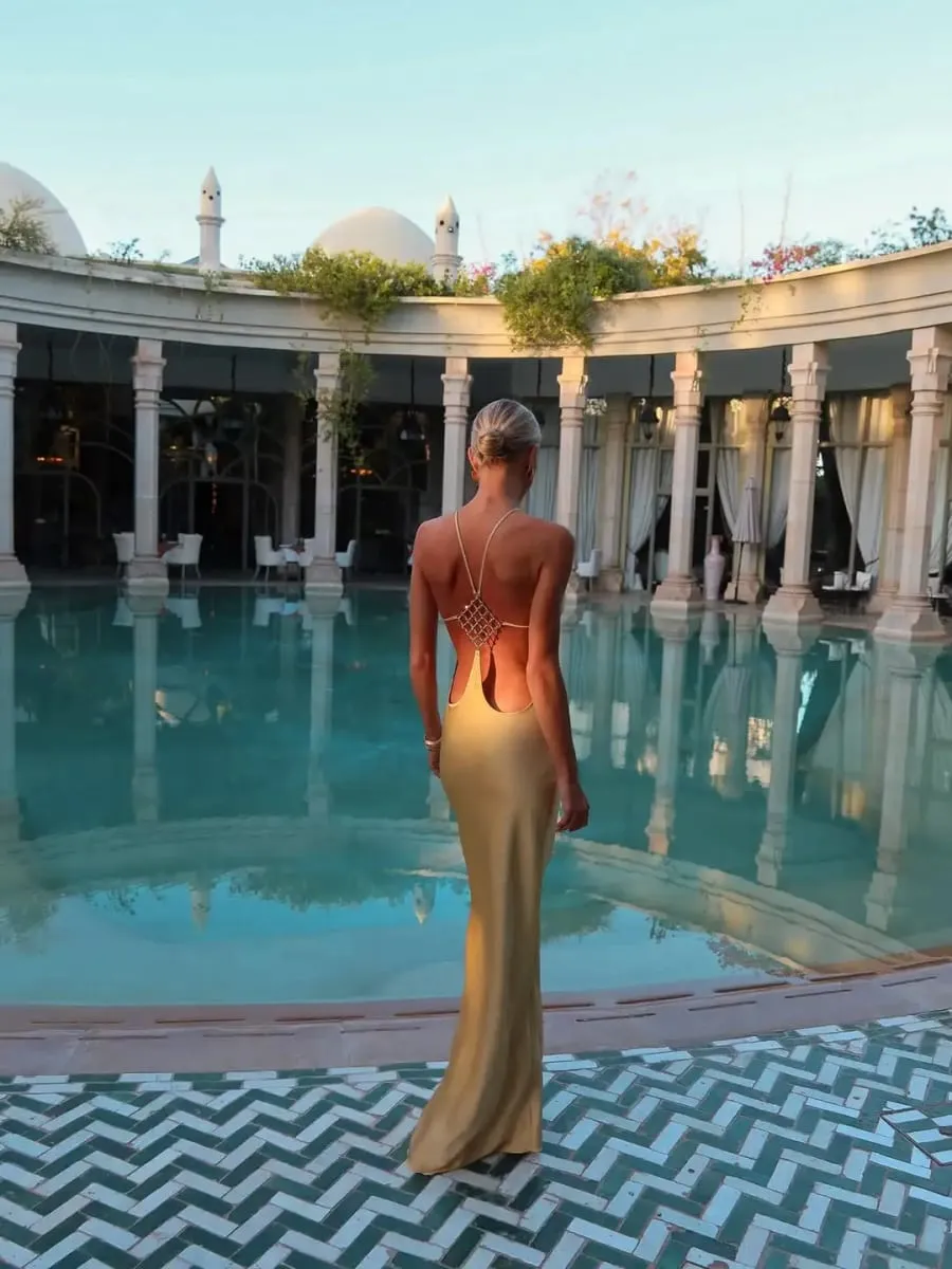 Cryptographic Vacation Women's Casual Dresses Sexy Socialite Style Long Dress Rhinestone Decor Slim Solid Backless Women's Gowns