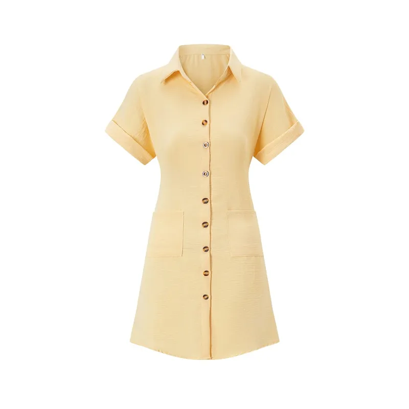 2026 European and American Cross Border Leisure Solid Color Cotton Hemp Buckle Long Short Sleeve Loose Shirt Dress Women's Wear