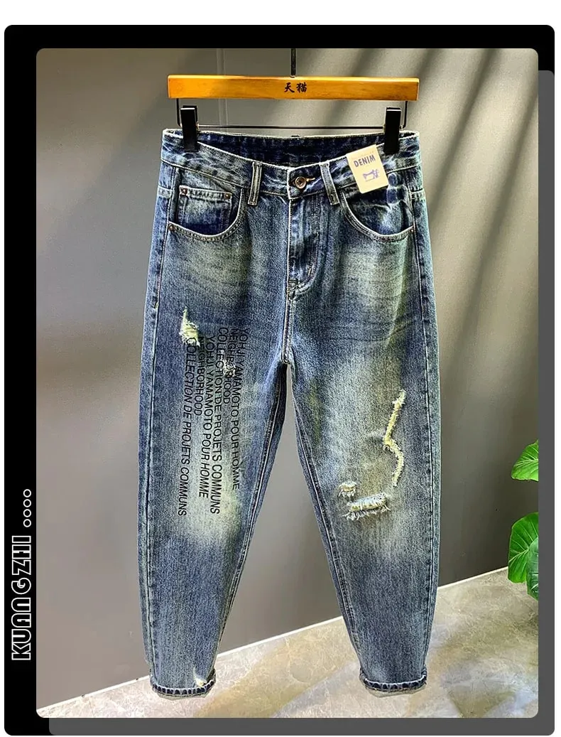2025 Autumn/Winter New Men's Trendy Piercing Patch Jeans with Letter Printed Micro Loose Pants