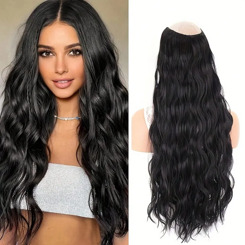 Synthetic Hair Fake Hair Extensions Clip Hairpiece V-Shaped Half Wig Natural Wavy Extension False Strands On Hairpins Women