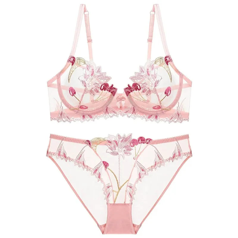 مثير الدانتيل الزهور التطريز الصدرية مجموعة رقيقة جدا تنفس الصلب حلقة Bralette الملابس الداخلية الملابس الداخلية الفرنسية Set70-90 B C D