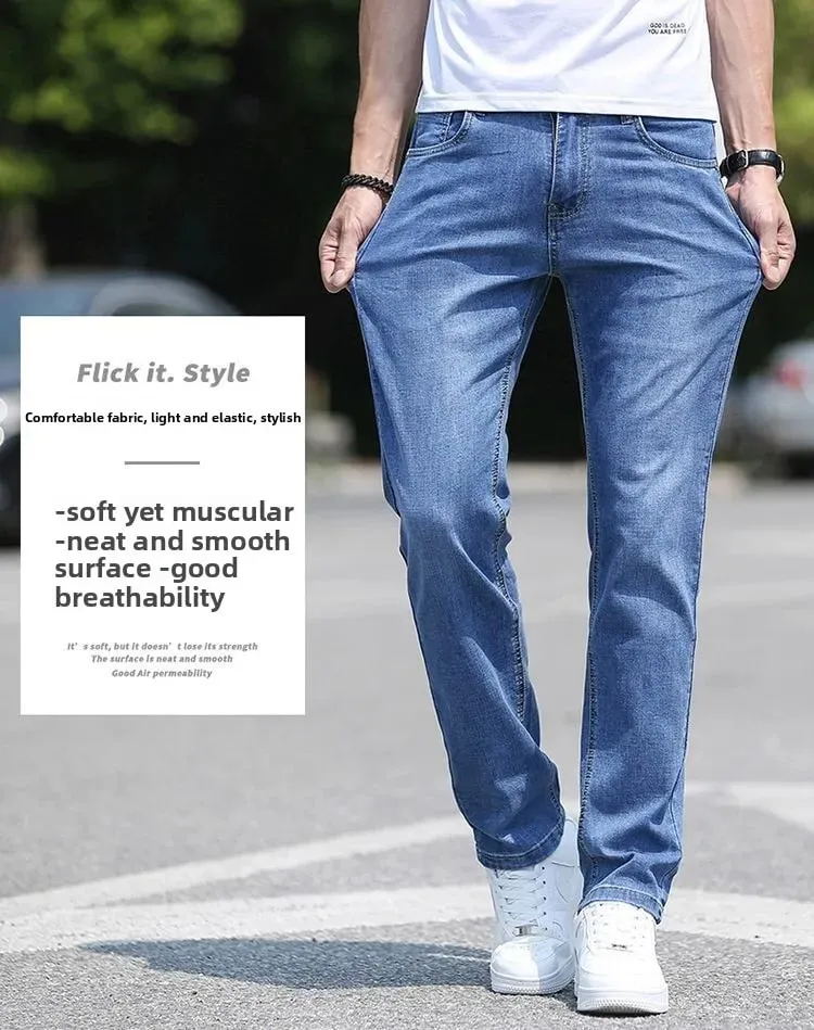 Korean Reviews Many Men's Clothes 2025 New Spring Summer Business Jeans Light Blue Straight Loose Fashion Casual Long Pants Men