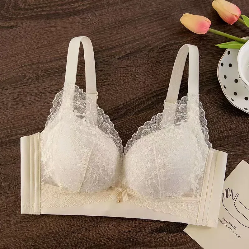 Sexig spetsförtjockad push-up-bh för små bröst Anti-sagging Justerbar bekväma trådfria underkläder