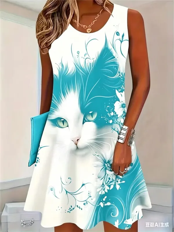 2026 New Fashion Cat Pattern Women Mini Dresses Summer Sleeveless 3D Printed Street Hip Hop Ladies Dress 3XL Plus Size Dress