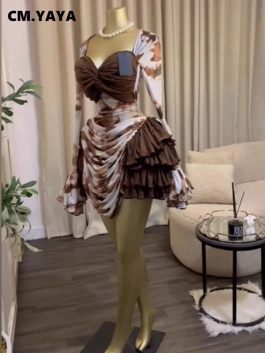 CM.YAYA – robe moulante froncée drapée à volants en cascade pour femmes, imprimé Tie Dye, manches longues, col en v, robes de vacances à la plage