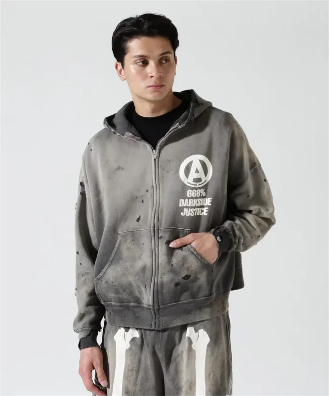 Mx6 × 26SS Zipper Retro Vintage New Letter Print Pocket Distressed Washed Cotton Hooded Sweatshirt Sweater Hoodies For Men