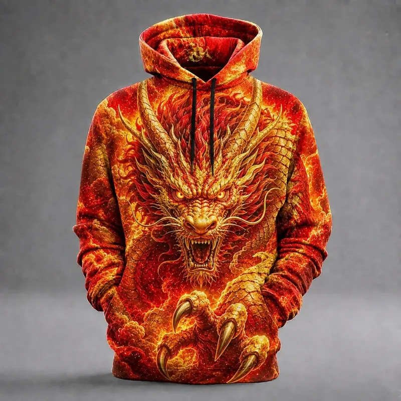 Men's Ice Dragon 3D Printed Hoodie Fantasy Dragon Graphic Lightning Ice Print Sweatshirt Long Sleeve Casual Streetwear