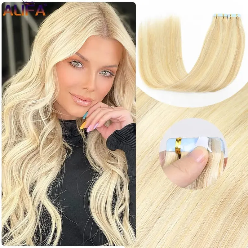 Tape In Hair Extensions Remy Human Hair Blonde Highlight Invisible Hair Extensions For Short Straight Hair 20Inch 20Pcs/Pack