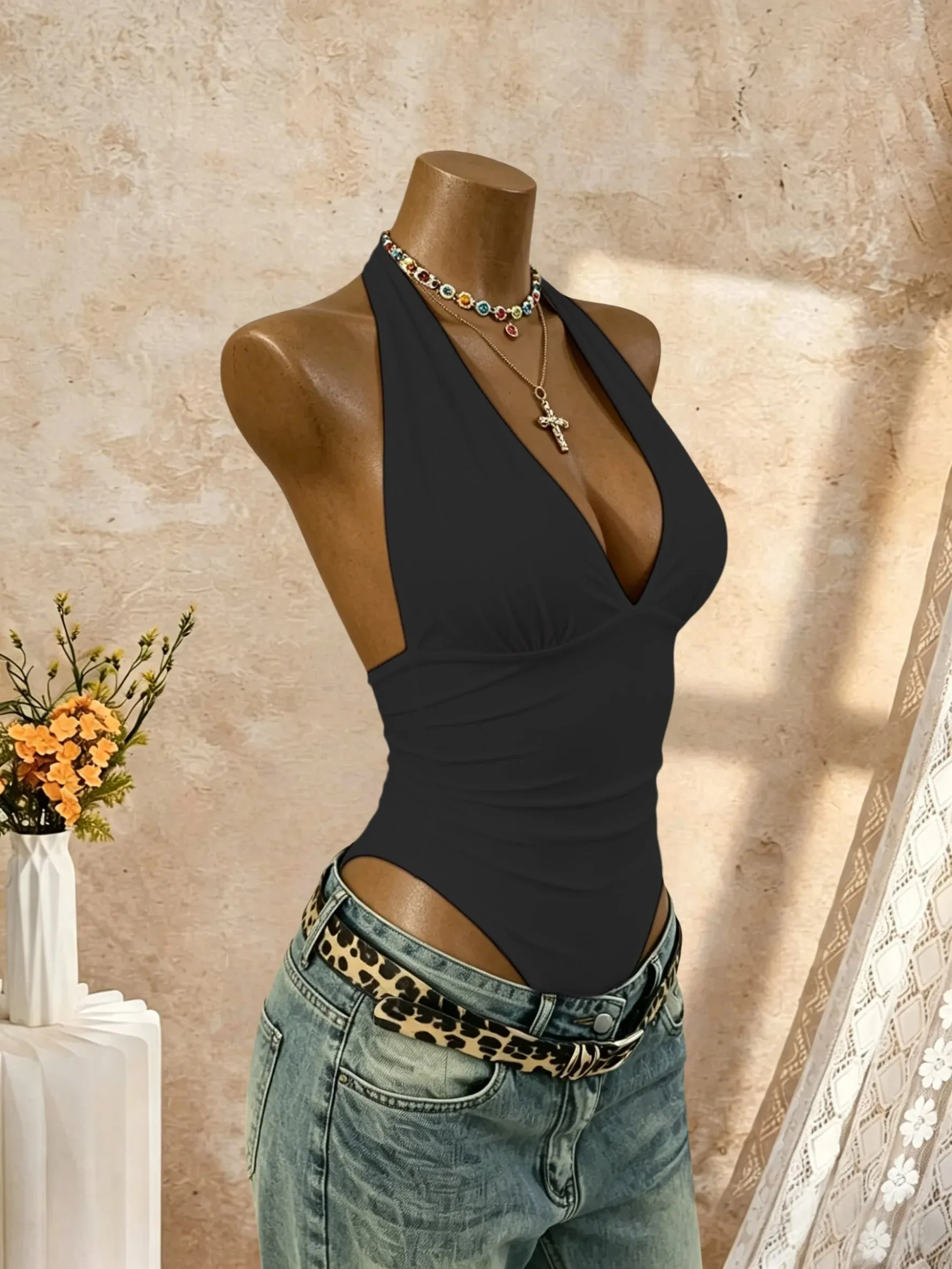 Women Halter Deep V Neck Ruched Slim Fit High Cut Bodysuit 2026 Summer Y2K Streetwear Sleeveless Tank Top