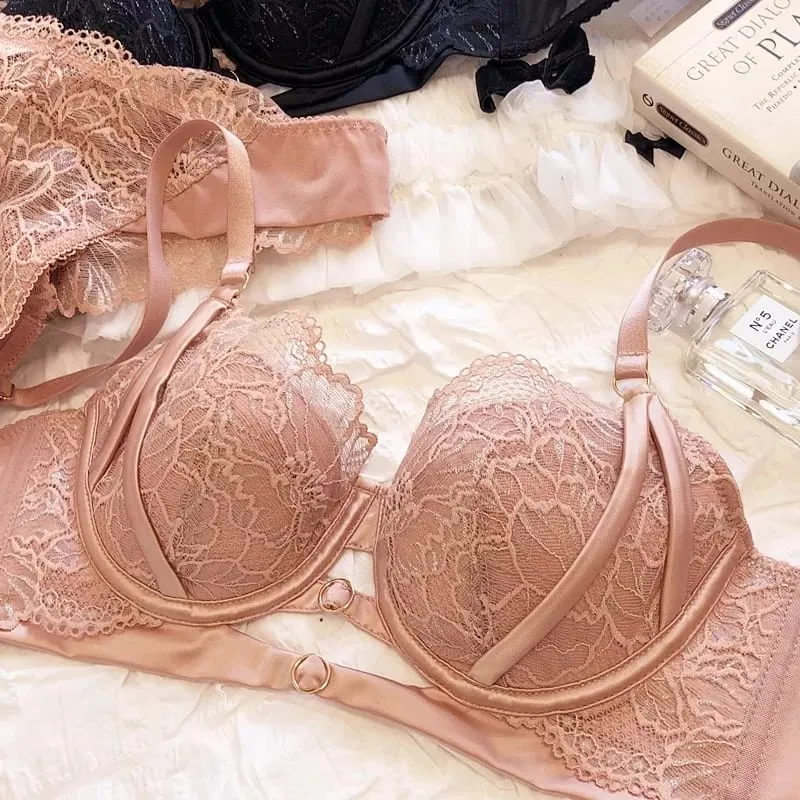 New Big Size Thin Cotton Lace Lingerie Set For Women Sexy Push Up Ladies Underwear Panties Hollow Out Female Intimates